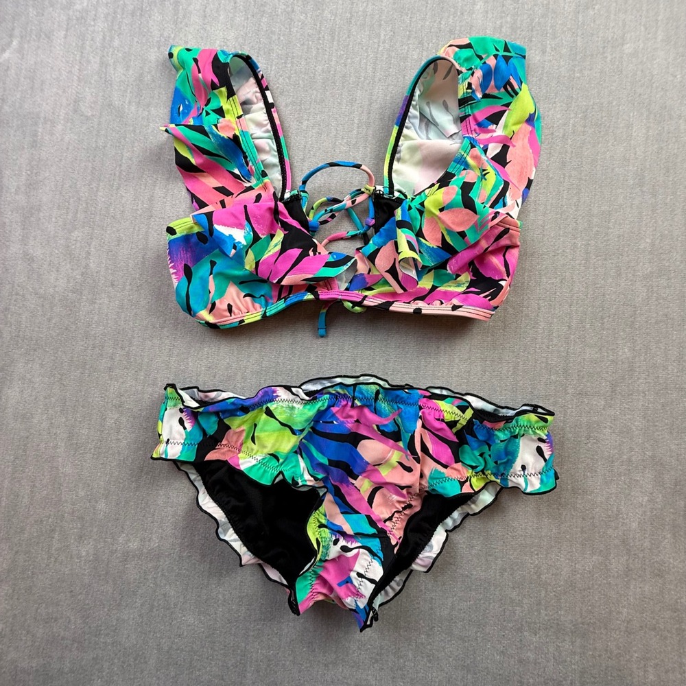 Raisins Girls Two‎ Piece Bikini Swimsuit Tropical Floral Ruffle Size 14 J741516